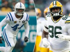 Packers adquirem o ex-Pro Bowler Zaire Franklin em troca com Colts Um jogador de futebol com uniforme branco com listras azuis e o número 44 correndo em um campo verde.
