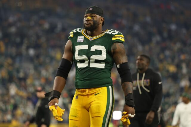 Rashan Gary #52 of the Green Bay Packers looks on after the game against the Cincinnati Bengals at Lambeau Field on October 12, 2025 in Green Bay, Wisconsin.