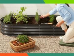 Paguei o triplo por camas elevadas como essas – a Amazon as tem por menos de US$ 70 Ilustração de um canteiro elevado verde e ondulado cheio de terra e várias plantas, incluindo tomate, bok choy, cenoura e alecrim.