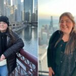 Sheridan Gorman, estudante da Loyola Chicago, em uma ponte sobre o rio Chicago.