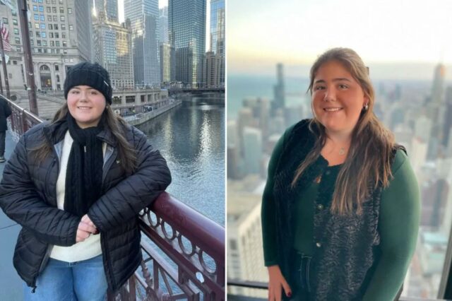 Sheridan Gorman, estudante da Loyola Chicago, em uma ponte sobre o rio Chicago.