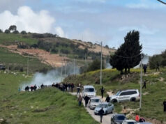 Palestinos fogem do gás lacrimogêneo enquanto colonos israelenses chegam à Cisjordânia ocupada Palestinos fogem do gás lacrimogêneo enquanto colonos israelenses chegam à Cisjordânia ocupada