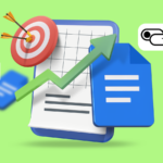 Um smartphone com o logotipo do Google Docs, ícone de microfone, balão de comentários e ícone de engrenagem em um fundo azul