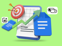 Parei de perder horas organizando meu trabalho depois que mudei para esta configuração do Google Docs Um smartphone com o logotipo do Google Docs, ícone de microfone, balão de comentários e ícone de engrenagem em um fundo azul