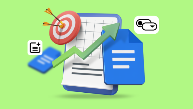 Um smartphone com o logotipo do Google Docs, ícone de microfone, balão de comentários e ícone de engrenagem em um fundo azul