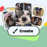 Uma mão segurando o logotipo do Google Fotos em frente a um fundo colorido repleto de miniaturas de imagens e formas geométricas.