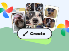 Parei de usar outros aplicativos de edição de fotos depois de experimentar este recurso do Google Fotos Uma mão segurando o logotipo do Google Fotos em frente a um fundo colorido repleto de miniaturas de imagens e formas geométricas.