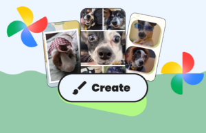 Parei de usar outros aplicativos de edição de fotos depois de experimentar este recurso do Google Fotos Uma mão segurando o logotipo do Google Fotos em frente a um fundo colorido repleto de miniaturas de imagens e formas geométricas.