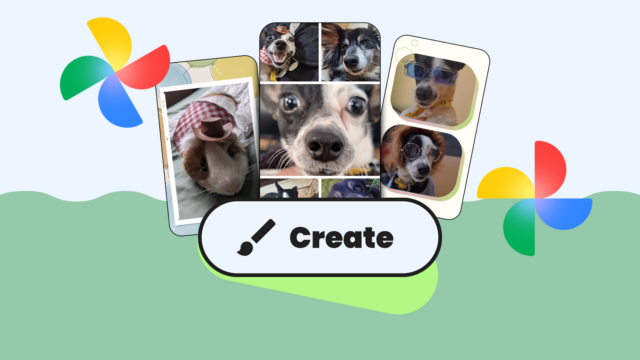 Uma mão segurando o logotipo do Google Fotos em frente a um fundo colorido repleto de miniaturas de imagens e formas geométricas.