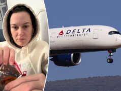 Passageiro da Delta Airlines fica chocado ao encontrar isso dentro de seu lanche durante o voo Aeronave de passageiros Airbus A350-900 da Delta Air Lines na aproximação final para pouso no Aeroporto Internacional de Atenas.