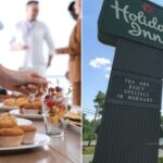 Penetras do bufê de hotel flagradas pela câmera carregando pratos e saindo sem pagar