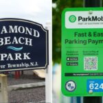 Assine o Diamond Beach Park em Lower Township, Nova Jersey, com um playground ao fundo.