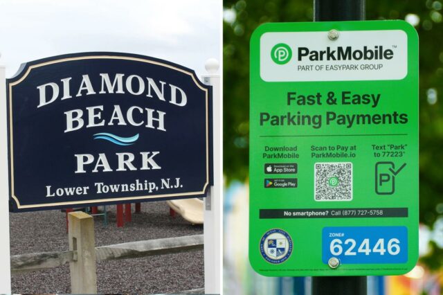 Pequena cidade de Jersey Shore recebe parquímetros pela primeira vez Assine o Diamond Beach Park em Lower Township, Nova Jersey, com um playground ao fundo.
