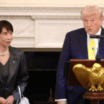 U.S. President Donald Trump speaks as Japanese Prime Minister Sanae Takaichi looks on before a state dinner in the State Dining Room at the White House on March 19, 2026 in Washington, DC.