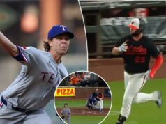 Pete Alonso acerta o primeiro home run de Orioles contra o ex-companheiro de equipe do Mets, Jacob deGrom Pete Alonso, do Baltimore Orioles, centro, comemora com o técnico da primeira base Jason Bourgeois (36) depois de acertar uma única durante o primeiro turno de um jogo de beisebol contra o Texas Rangers, terça-feira, 31 de março de 2026, em Baltimore.