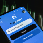 Interface do aplicativo Polymarket no smartphone mostrando plataforma de negociação de mercado de previsão com histórico de gráfico financeiro e tela de login do usuário. Polymarket aperta as regras de negociação com informações privilegiadas à medida que o escrutínio cresce nos mercados de previsão