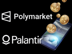 Polymarket faz parceria com Palantir e TWG AI para monitorar mercados de previsão esportiva A Polymarket faz parceria com Palantir e TWG AI para monitorar os mercados de previsão esportiva. Ilustração mostrando os logotipos Polymarket e Palantir ao lado de um smartphone exibindo uma bola de futebol, com moedas de ouro flutuando acima, simbolizando mercados de previsão esportiva e tecnologia de apostas.