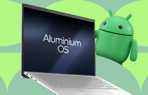 Por que não atualizarei meu antigo Chromebook para um MacBook Neo em 2026 Homem sorridente usando um laptop, com um grande logotipo do Chrome no fundo, setas para cima e a palavra