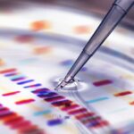 Pipette adding sample to petri dish with DNA profiles in background