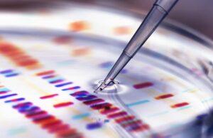 Por que os cientistas não conseguem rir Pipette adding sample to petri dish with DNA profiles in background