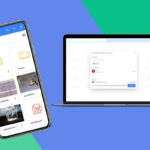 Interface de gerenciamento de arquivos em um laptop e telefone celular.