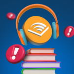 Uma mulher usando fones de ouvido enquanto lê um livro, dentro do logotipo da Audible em um fundo laranja.