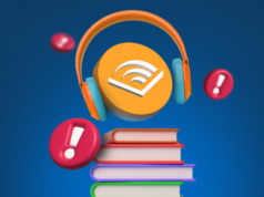Por que você deve evitar a todo custo a nova assinatura Standard da Audible Uma mulher usando fones de ouvido enquanto lê um livro, dentro do logotipo da Audible em um fundo laranja.