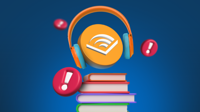 Uma mulher usando fones de ouvido enquanto lê um livro, dentro do logotipo da Audible em um fundo laranja.