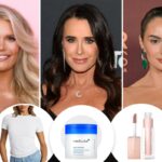 Uma mulher modelando uma camiseta branca justa de manga curta com decote arredondado, combinada com shorts jeans de lavagem clara.