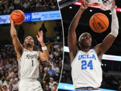 Previsão UCLA x UCF: probabilidades, escolhas e previsões do March Madness 2026 para as oitavas de final de sexta-feira O guarda dos UCF Knights, Themus Fulks (1), vai para a cesta.