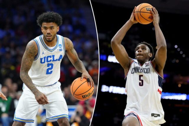 O guarda da UCLA, Donovan Dent, dribla a bola contra o guarda da UCF, Chris Johnson, durante o torneio da NCAA.