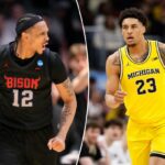 Cinco jogadores de basquete masculino do Michigan Wolverines, incluindo Aday Mara #15, em camisas amarelas.