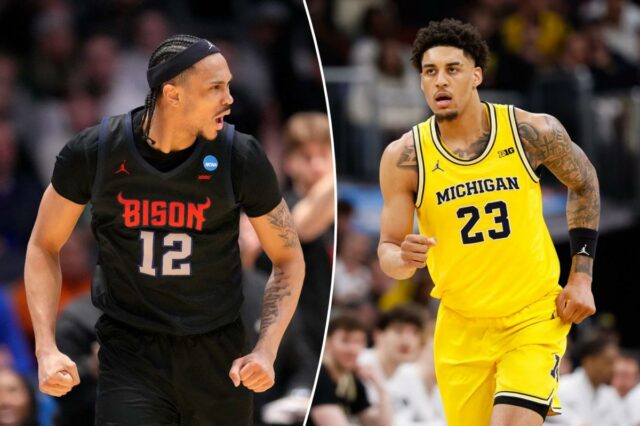Previsão de Howard x Michigan: probabilidades, escolhas e melhores apostas Cinco jogadores de basquete masculino do Michigan Wolverines, incluindo Aday Mara #15, em camisas amarelas.