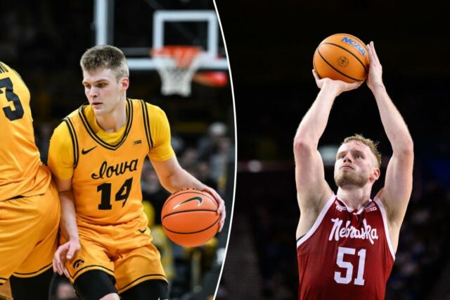 Previsão de Iowa x Nebraska: escolhas, probabilidades e apostas de Jogadores de basquete nº 14 e nº 3 de Iowa na quadra.