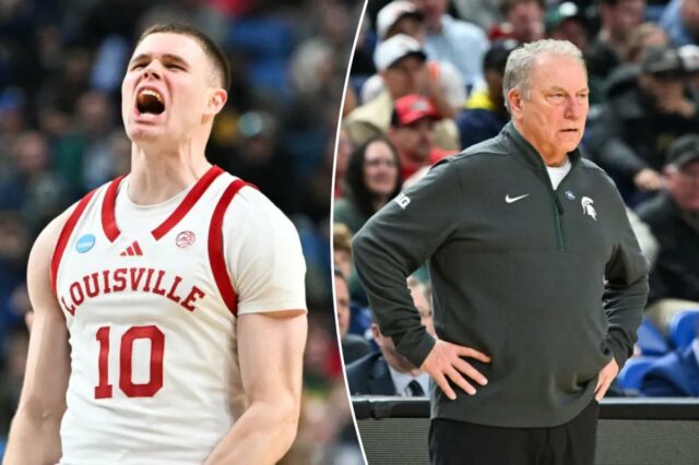 Previsão de Michigan State x Louisville: probabilidades, escolhas e melhores O armador do Louisville Cardinals, Isaac McKneely (10), reage a uma jogada.