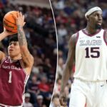 O guarda do Santa Clara Broncos, Christian Hammond (1), arremessa uma bola de basquete contra o guarda do Saint Mary's Gaels, Joshua Dent (7).