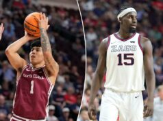 Previsão de Santa Clara x Gonzaga: escolhas finais do torneio WCC, probabilidades, melhores apostas terça-feira O guarda do Santa Clara Broncos, Christian Hammond (1), arremessa uma bola de basquete contra o guarda do Saint Mary's Gaels, Joshua Dent (7).