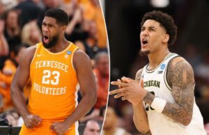 Previsão de Tennessee x Michigan: escolha, probabilidades e melhor aposta do March Madness 2026 para Elite Eight Sunday Jaylen Carey nº 23 dos Voluntários do Tennessee comemora durante o segundo tempo contra os Ciclones do Estado de Iowa no Sweet Sixteen do Torneio de Basquete Masculino da NCAA de 2026 no United Center em 27 de março de 2026 em Chicago, Illinois.