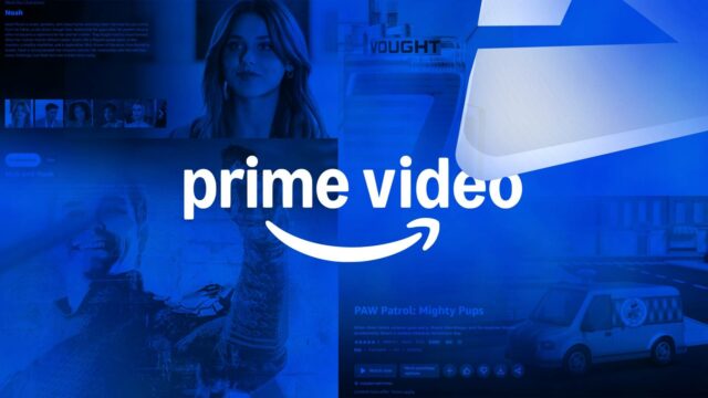 Uma caixa de entrega do Amazon Prime e o site da Amazon em segundo plano.