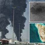 A fumaça sobe da direção de uma instalação de energia no emirado de Fujairah, no Golfo, em 14 de março de 2026.