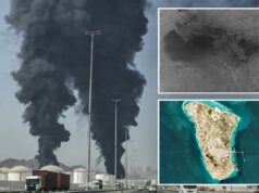 Primeiras imagens revelam ataque que “destruiu” o estoque militar do Irã em uma ilha petrolífera vital A fumaça sobe da direção de uma instalação de energia no emirado de Fujairah, no Golfo, em 14 de março de 2026.