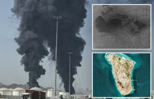 Primeiras imagens revelam ataque que “destruiu” o estoque militar do Irã em uma ilha petrolífera vital A fumaça sobe da direção de uma instalação de energia no emirado de Fujairah, no Golfo, em 14 de março de 2026.