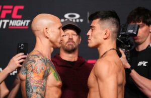 Probabilidades e previsões do UFC México: escolhas completas de Emmett x Vallejos para as preliminares, card principal Josh Emmett posa no palco durante a pesagem oficial do UFC Fight Night no Meta APEX em 13 de março de 2026 em Las Vegas, Nevada.