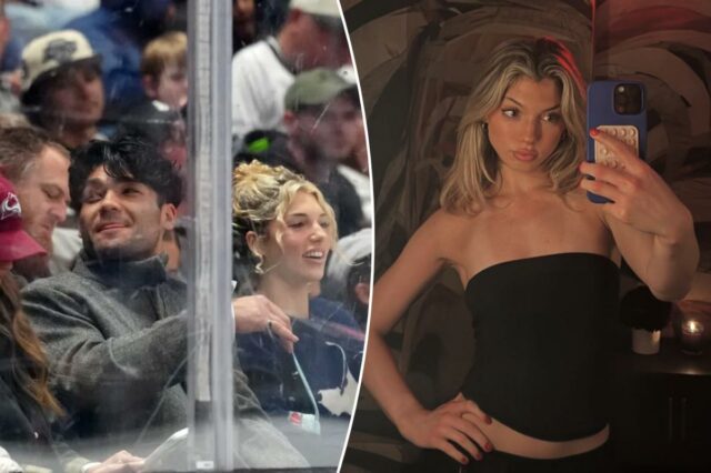 Puka Nacua flagrada com Megan na prorrogação no jogo dos Puka Nacua e Overtime Megan no jogo dos Kings em 2 de março de 2026.