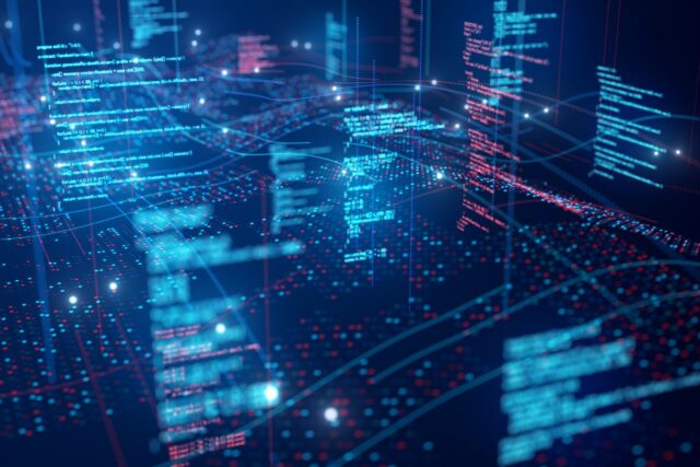 Qodo arrecada US$ 70 milhões para verificação de código à Abstract technology image of running program code on digital data wave.