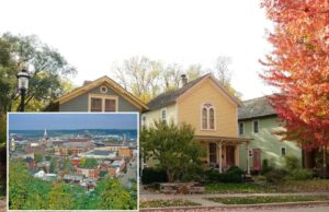 Quase 80% dos millennials que vivem nessas três áreas metropolitanas estão comprando casas a preços acessíveis Três casas coloridas de dois andares em um bairro suburbano com folhagem de outono.