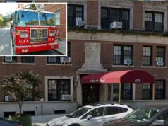 Quatro feridos em incêndio em arranha-céu no Upper West Side Um caminhão vermelho número cinco do Corpo de Bombeiros de Nova York estacionado na rua de Greenwich Village.