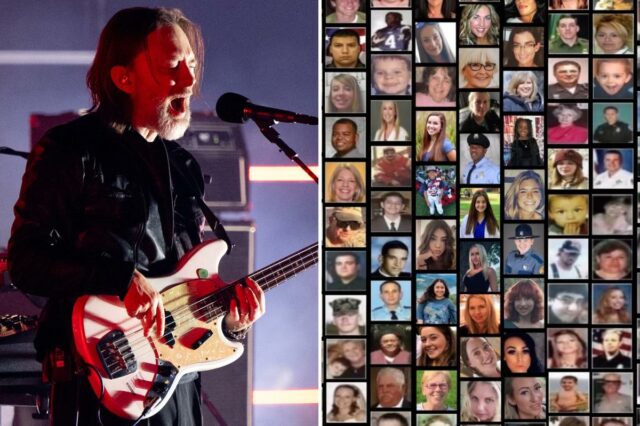 Os músicos Thom Yorke e Jonny Greenwood, membros fundadores do Radiohead, se apresentam no palco com The Smile durante o 
