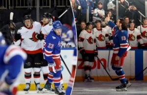 Rangers caem contra os senadores depois de homenagear o marco de Mike Zibanejad O ala esquerdo do Ottawa Senators, Warren Foegele, comemora após marcar um gol.