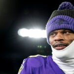 Lamar Jackson #8 of the Baltimore Ravens reacts following an NFL Football game against the Pittsburgh Steelers at M&T Bank Stadium on December 21, 2024 in Baltimore, Maryland.